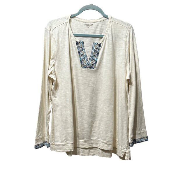 Coldwater Creek size PXL cream long sleeve embroidered trim split neck top - Picture 1 of 8